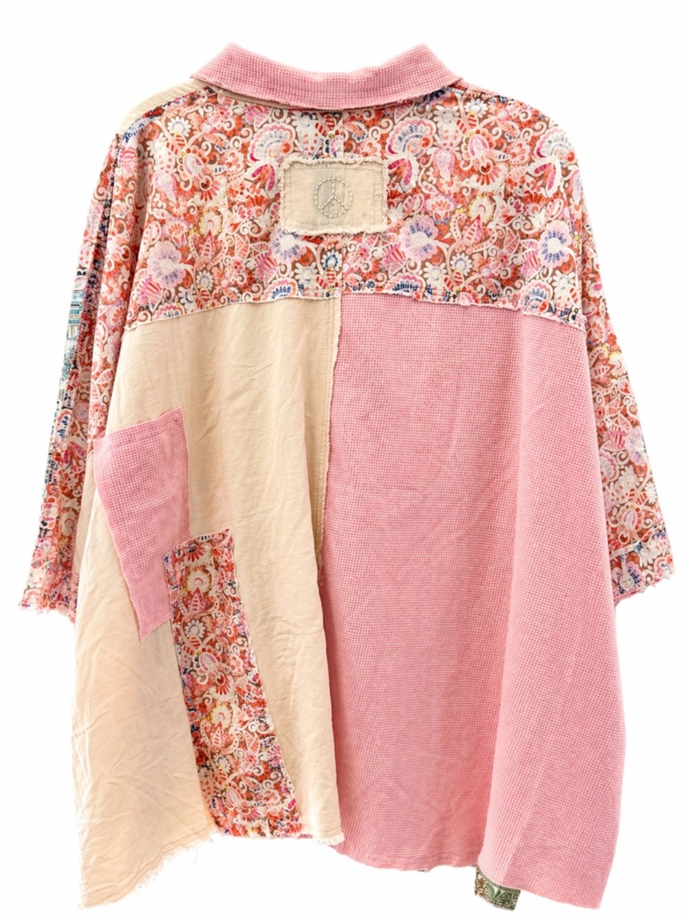 Blue Velvet Oversized Patchwork Button-Down Shirt in Pink and Cream-Hippie Chic - Picture 2 of 7